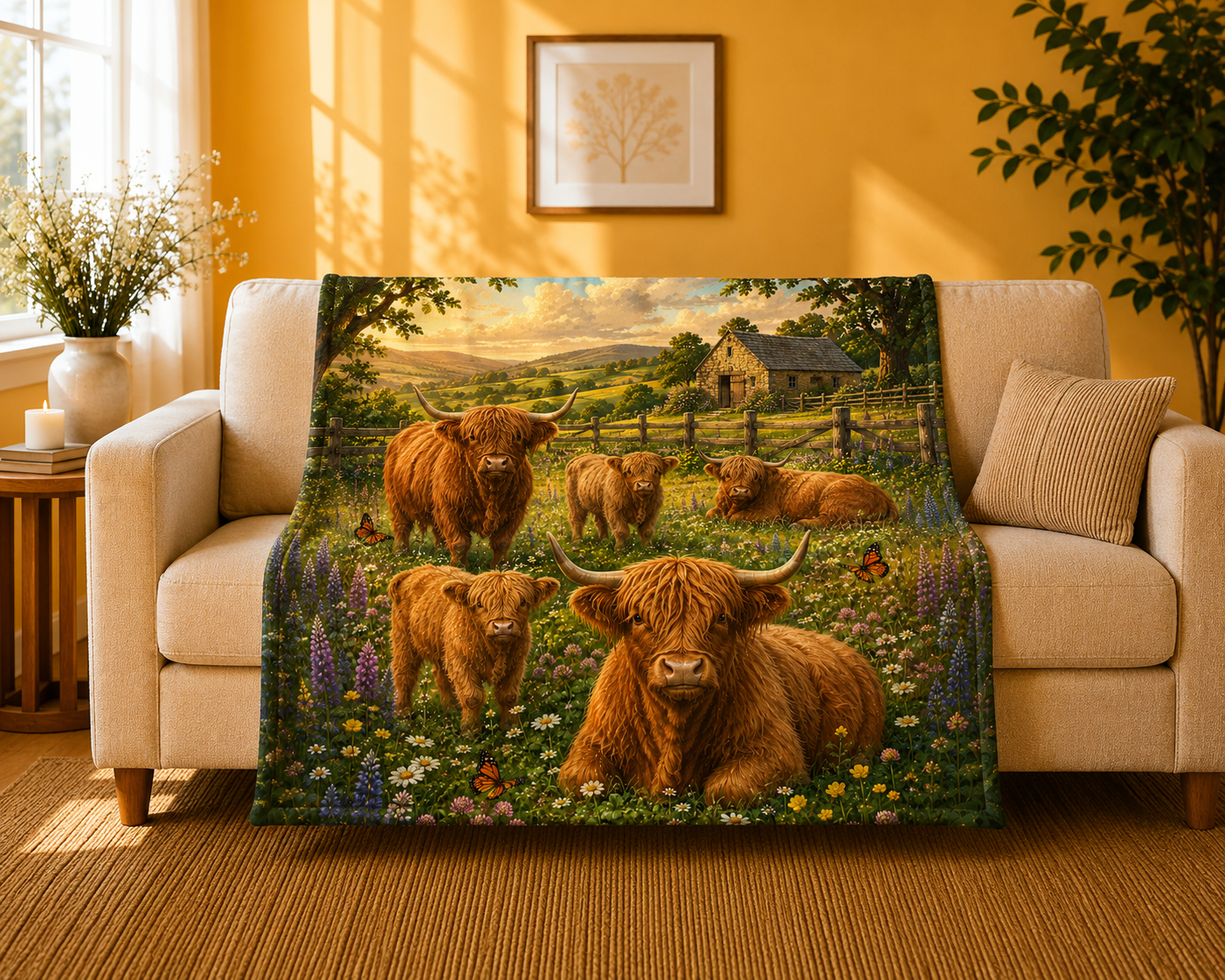 Highland Cattle Velveteen Plush Blanket — Cozy Farmhouse Throw with Highland Cow Family Design