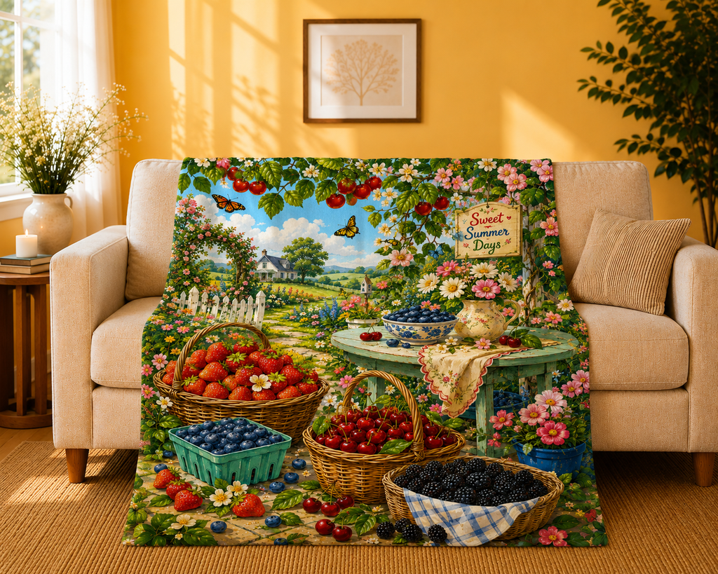 Velveteen Blanket — "Sweet Summer Days" Cottage Garden Berry Print Plush Throw
