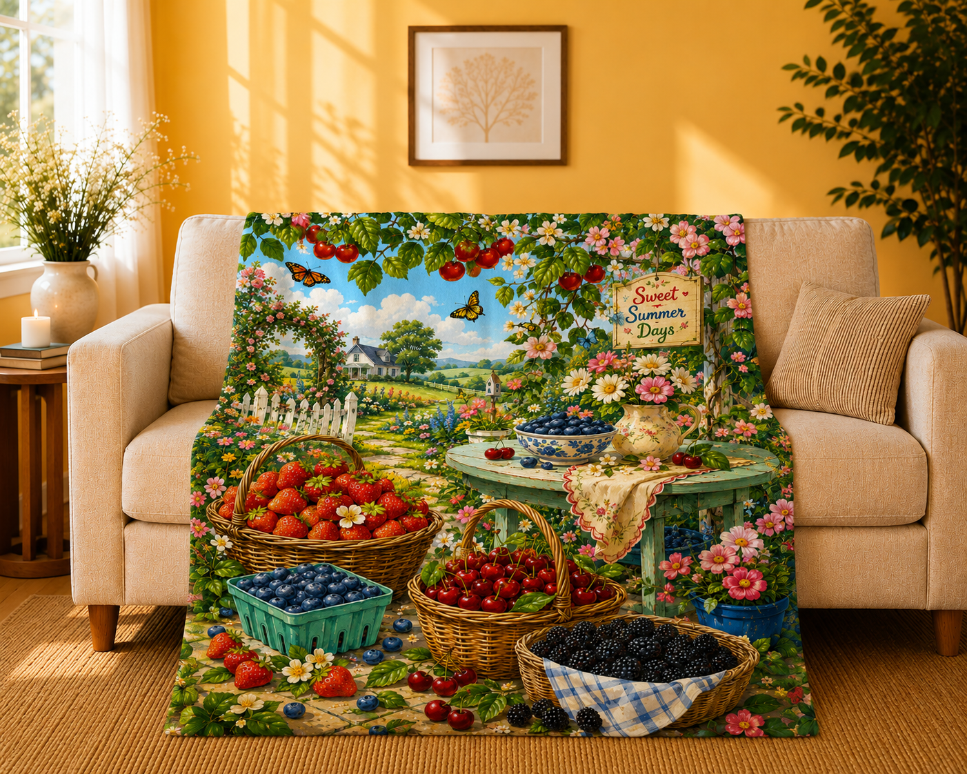 Velveteen Blanket — "Sweet Summer Days" Cottage Garden Berry Print Plush Throw