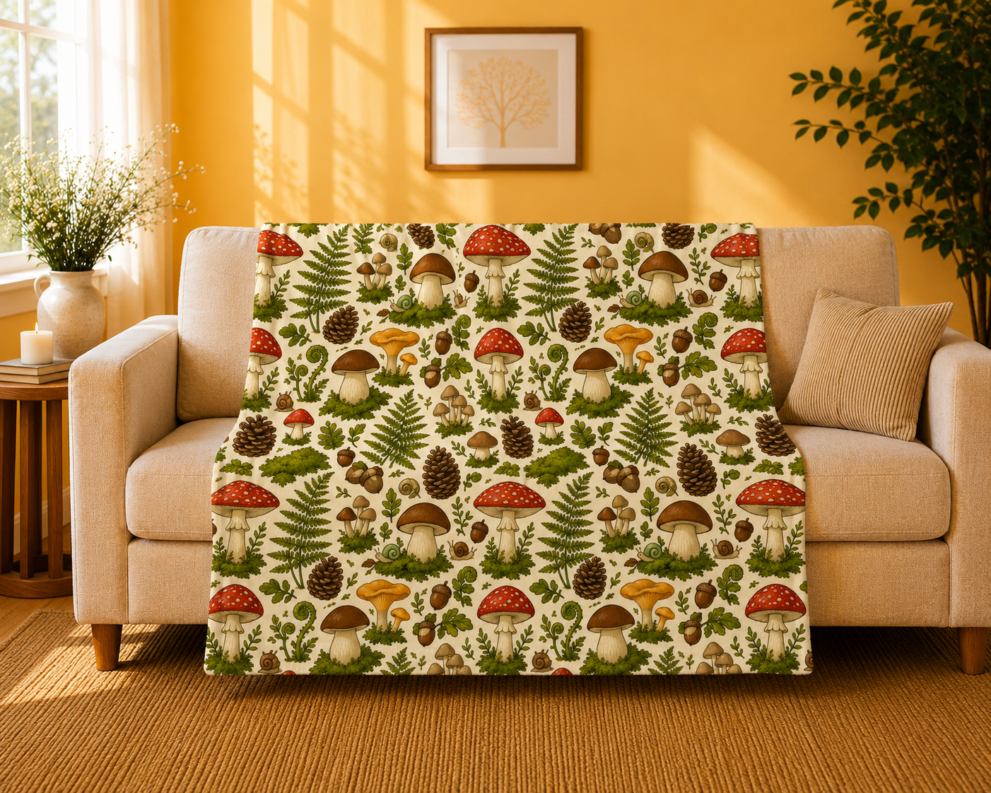 Mushroom Forest Velveteen Plush Blanket – Cozy Woodland Throw with Ferns & Pines