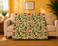 Mushroom Forest Velveteen Plush Blanket – Cozy Woodland Throw with Ferns & Pines