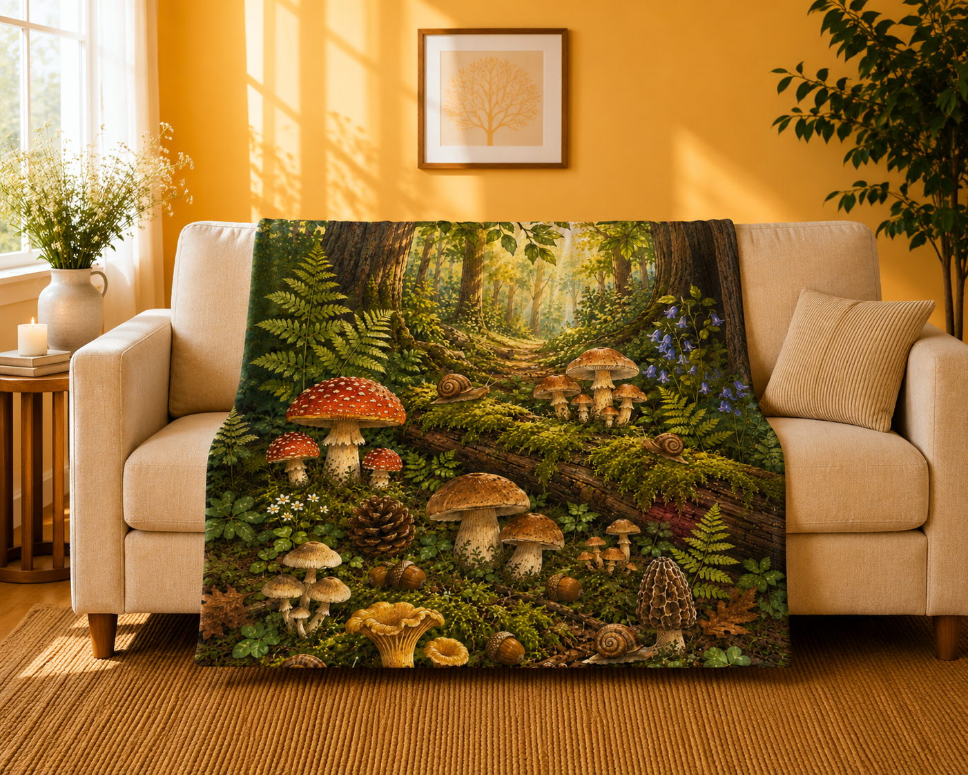 Forest Mushrooms Velveteen Plush Blanket — Cozy Forest Mushroom Scene Throw
