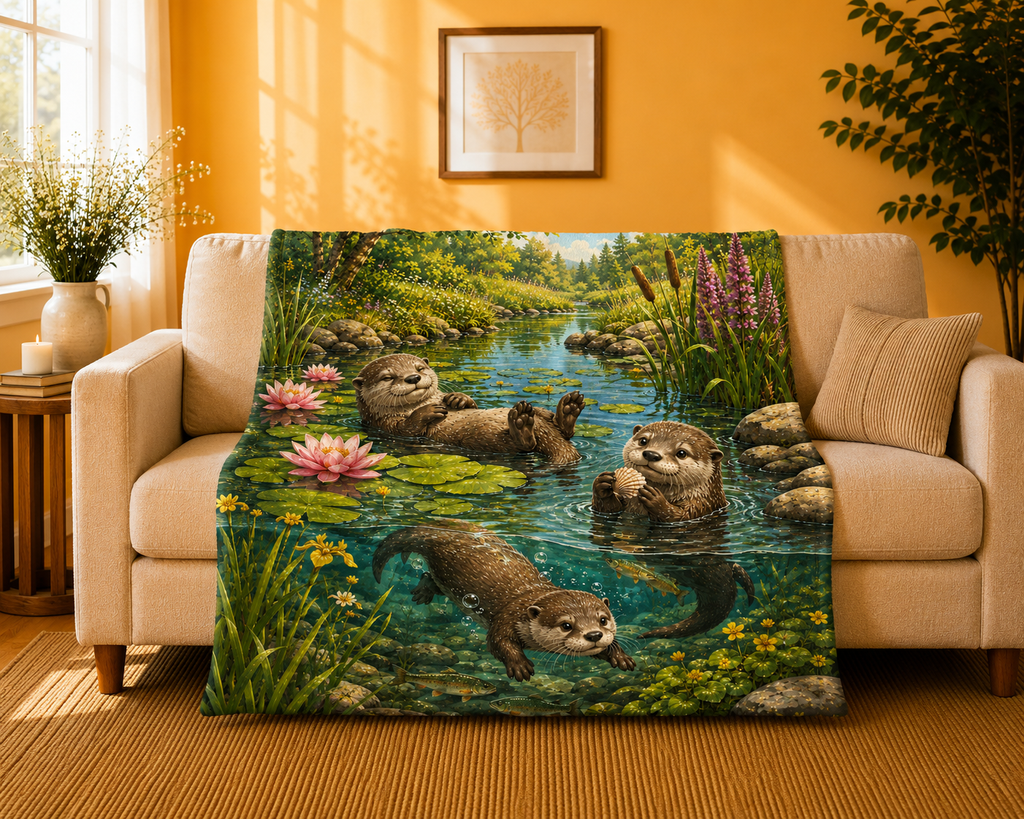 Otter Pond Velveteen Plush Blanket — Cozy Floral River Animal Throw