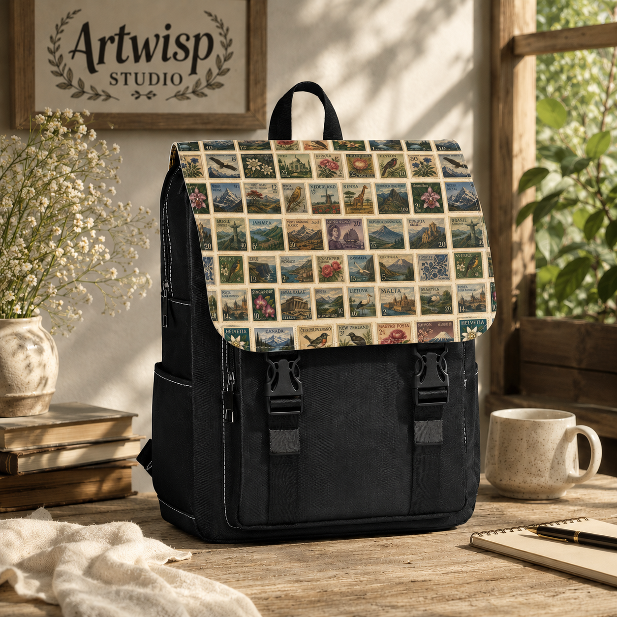 Vintage Postage Stamp Backpack - Casual Shoulder Bag with Retro Travel Collage