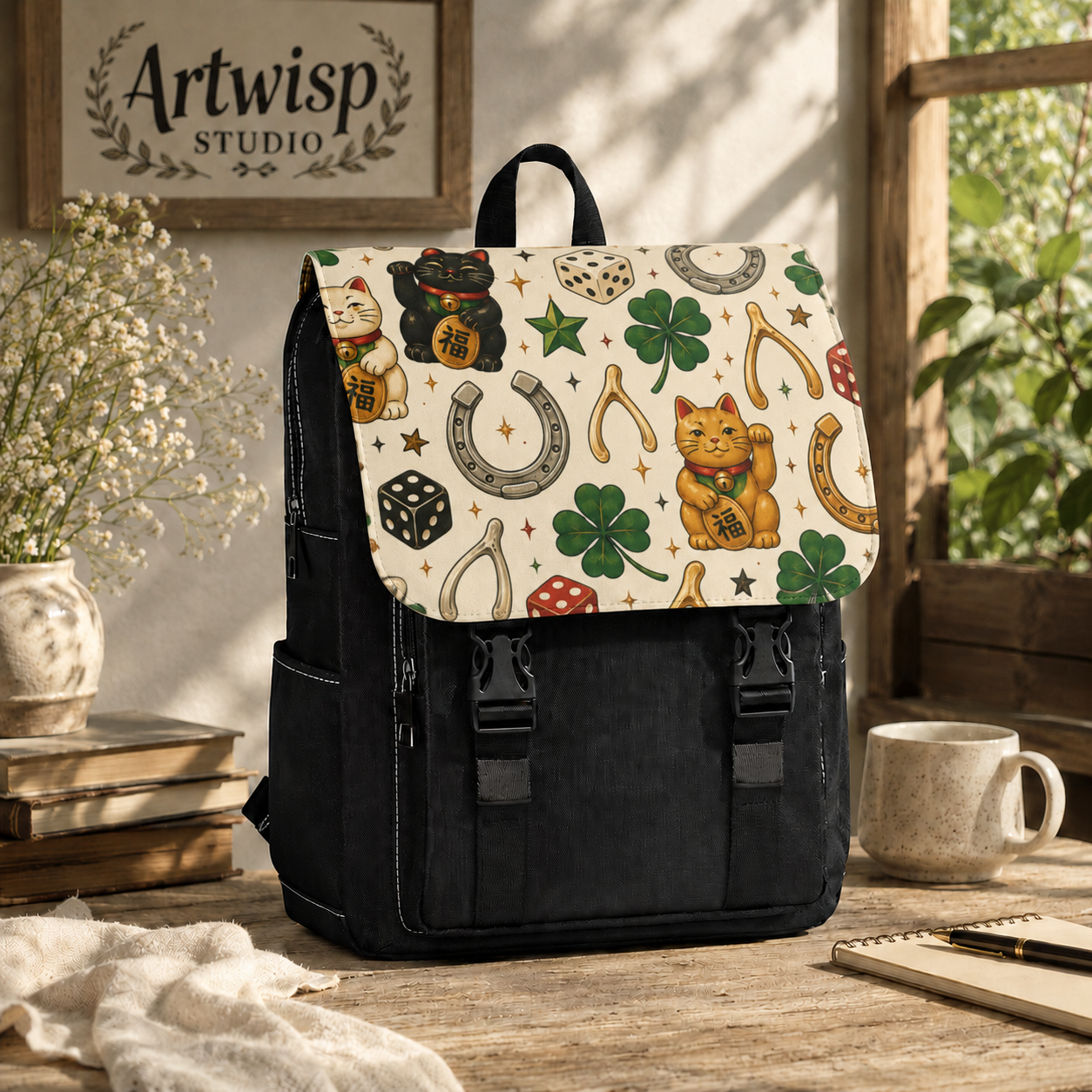 Lucky Charm Pattern Shoulder Backpack — Japanese Maneki Neko Travel Daypack
