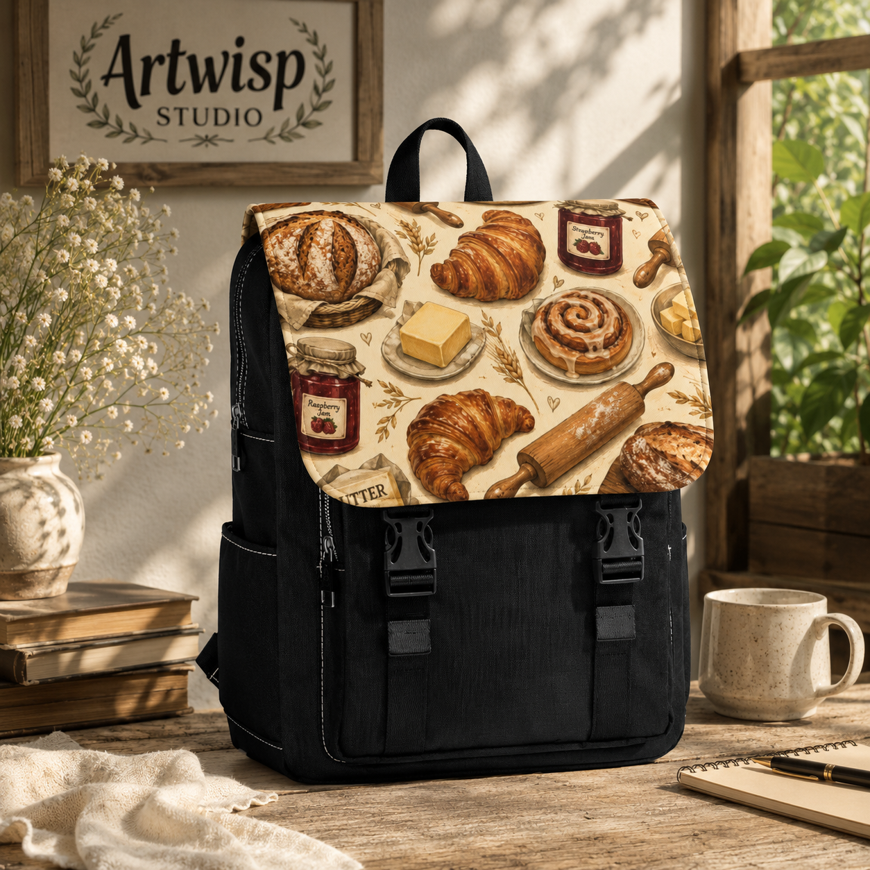 Bakery Pattern Shoulder Backpack — Pastries, Croissants & Jam Print