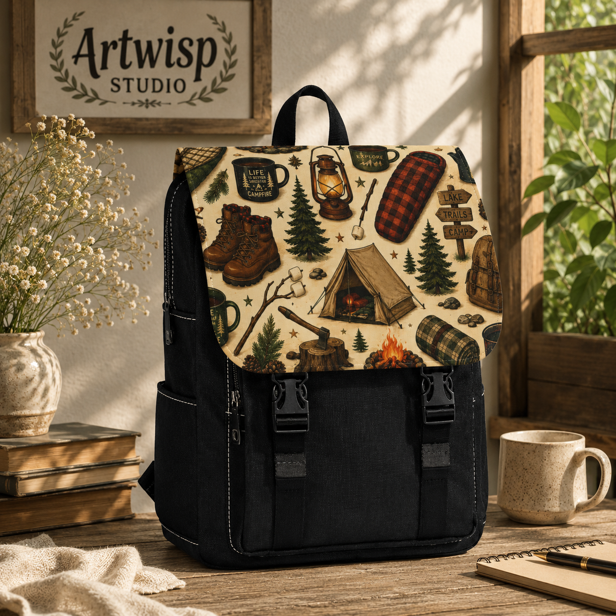 Camping Gear Pattern Shoulder Backpack — Outdoor Adventure Shoulder Bag