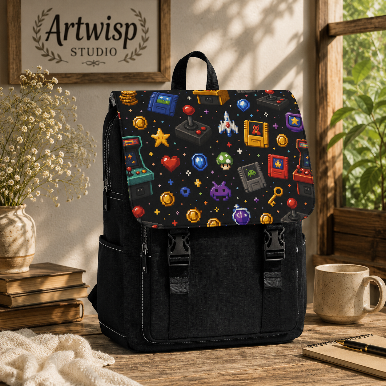 Retro Arcade Pixel Shoulder Backpack — Casual Gamer Shoulder Bag