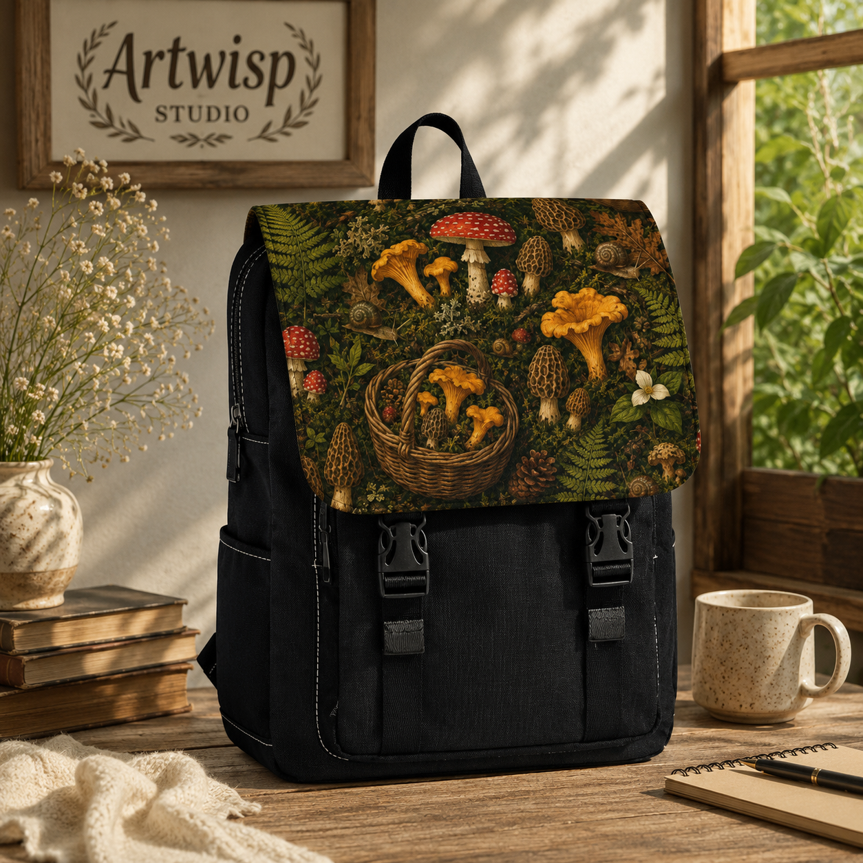 Mushroom Foraging Shoulder Backpack — Rustic Forest Basket Design