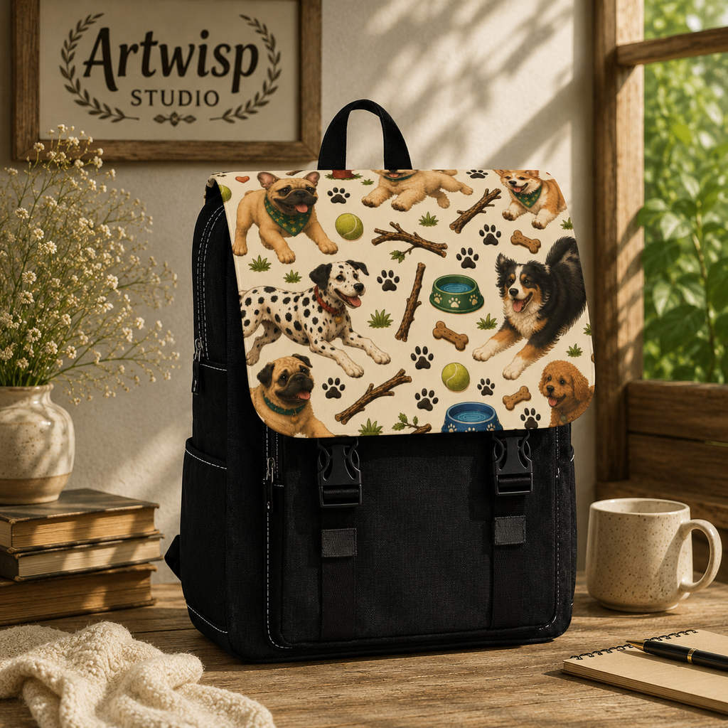 Dog Pattern Shoulder Backpack - Cute Paw Prints & Dog Toys Casual Daypack