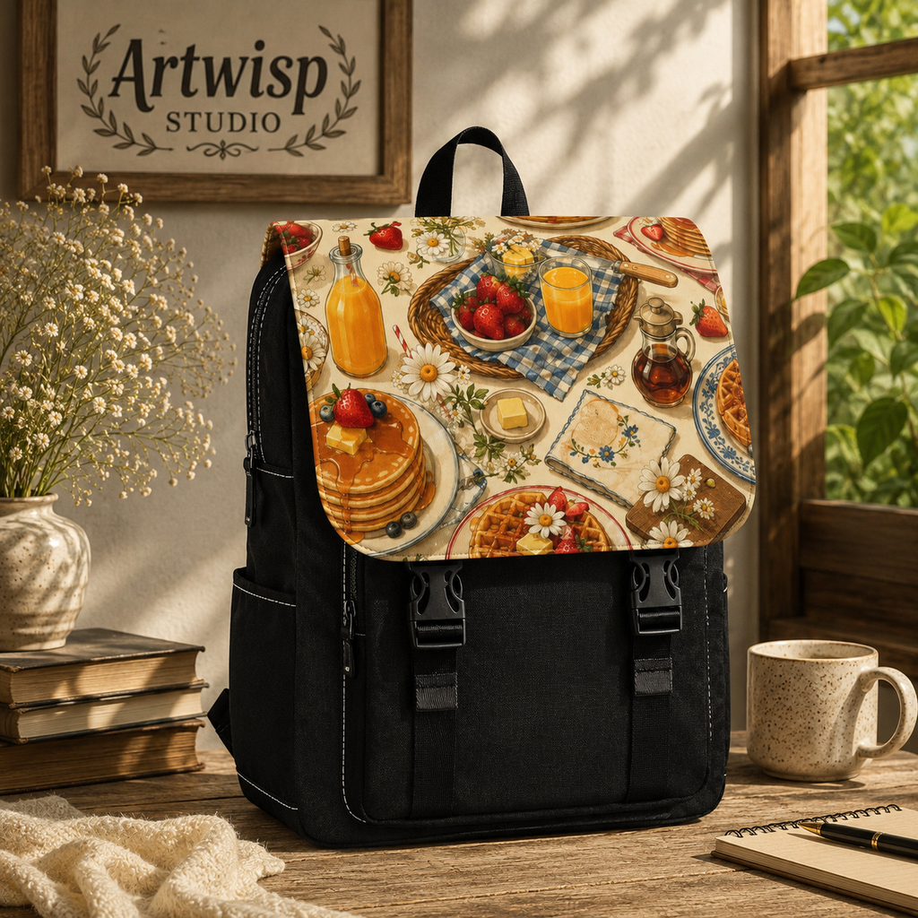 Breakfast Pattern Shoulder Backpack — Vintage Waffles & Pancakes Canvas Pack
