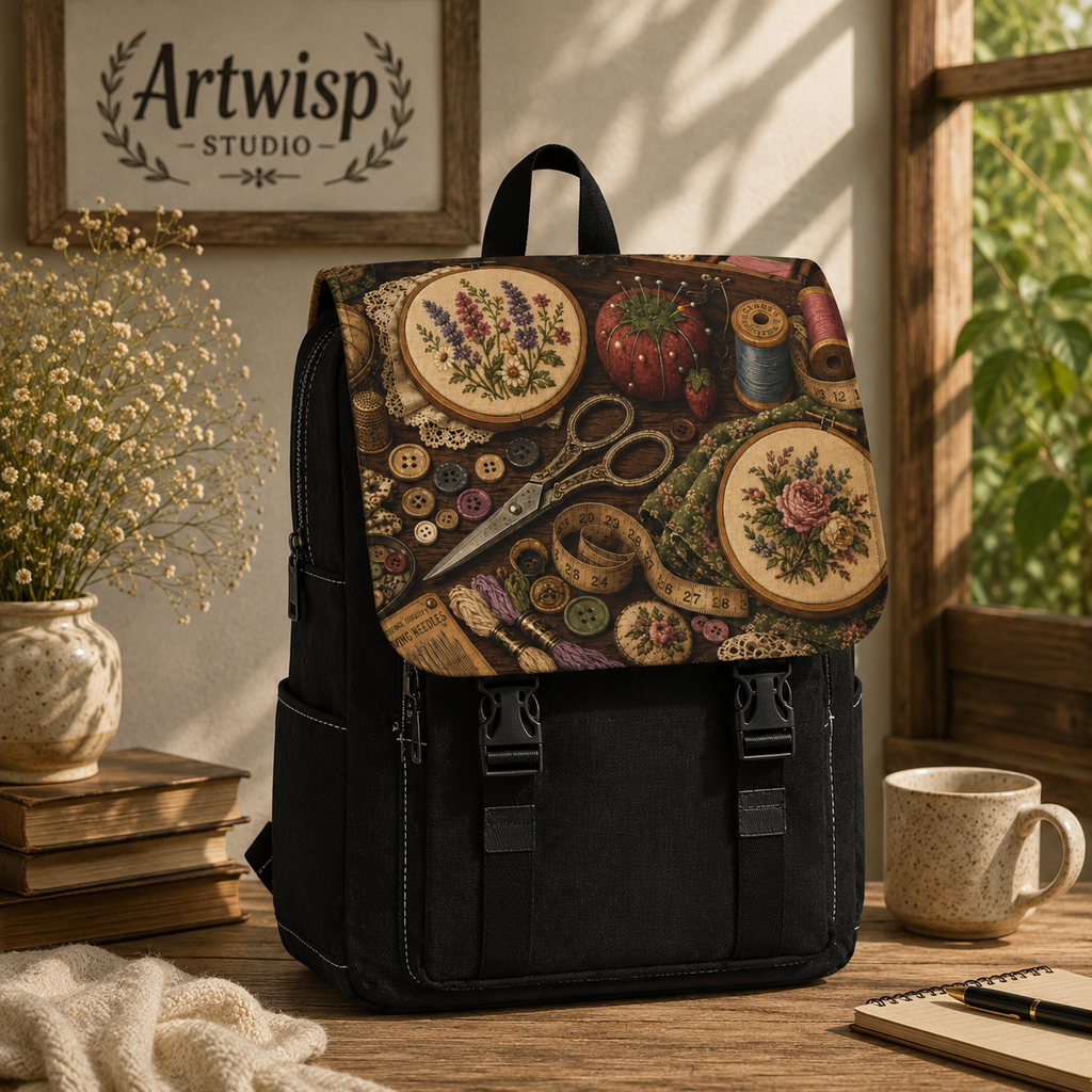 Vintage Sewing Tools Shoulder Backpack — Embroidery Scissors & Buttons Canvas Backpack