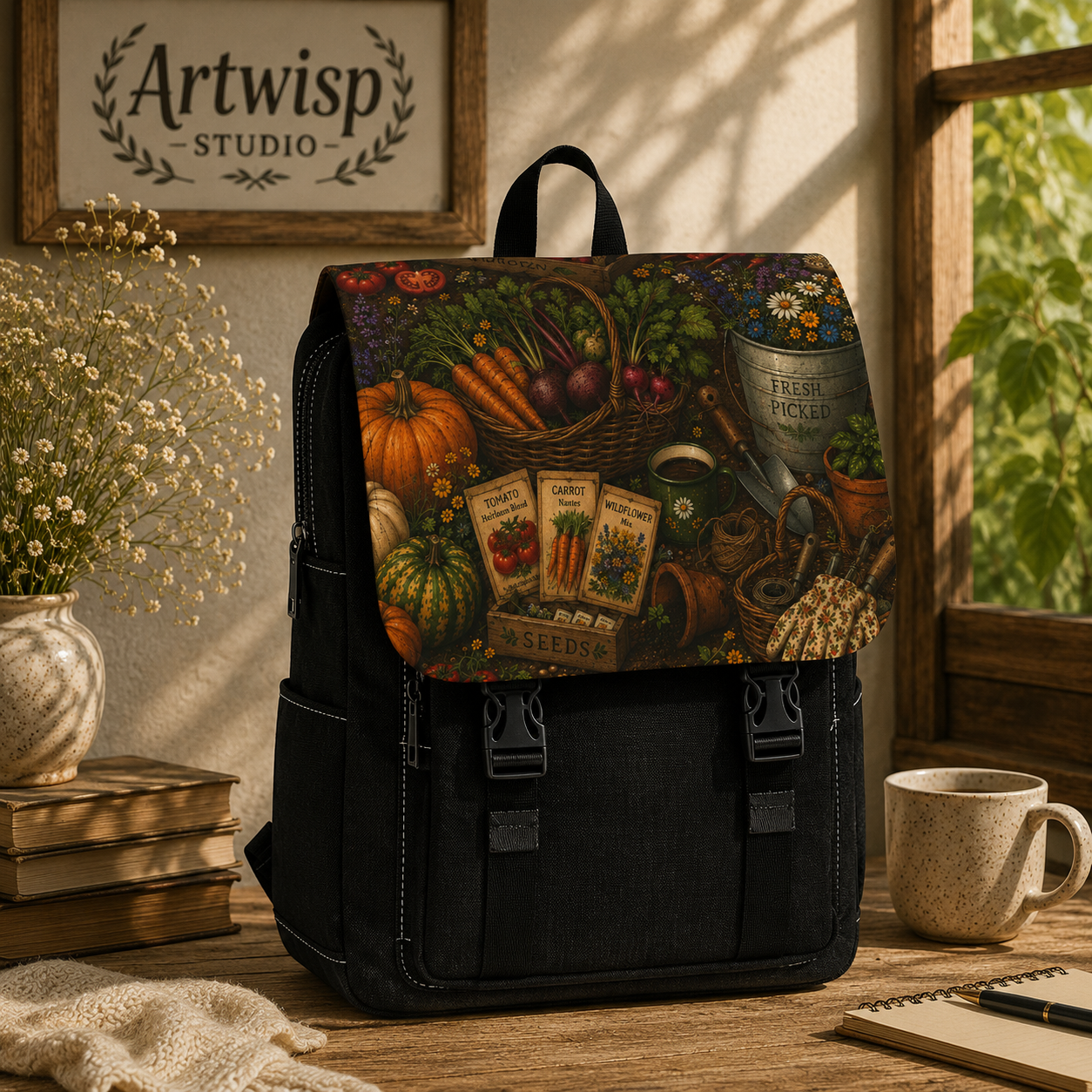 Garden Harvest Shoulder Backpack — Farmers Market Fall Floral Print Shoulder Bag