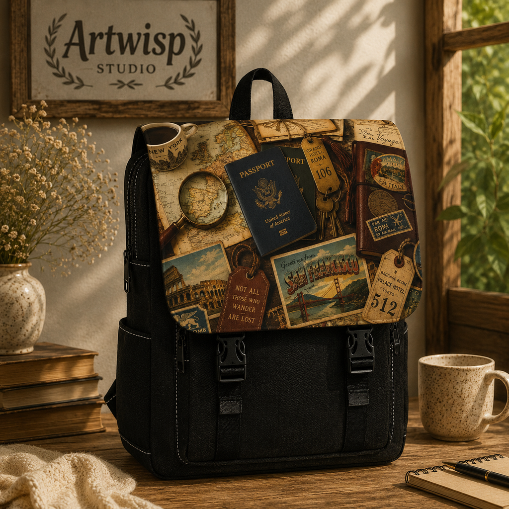 Vintage Travel Passport Collage Shoulder Backpack