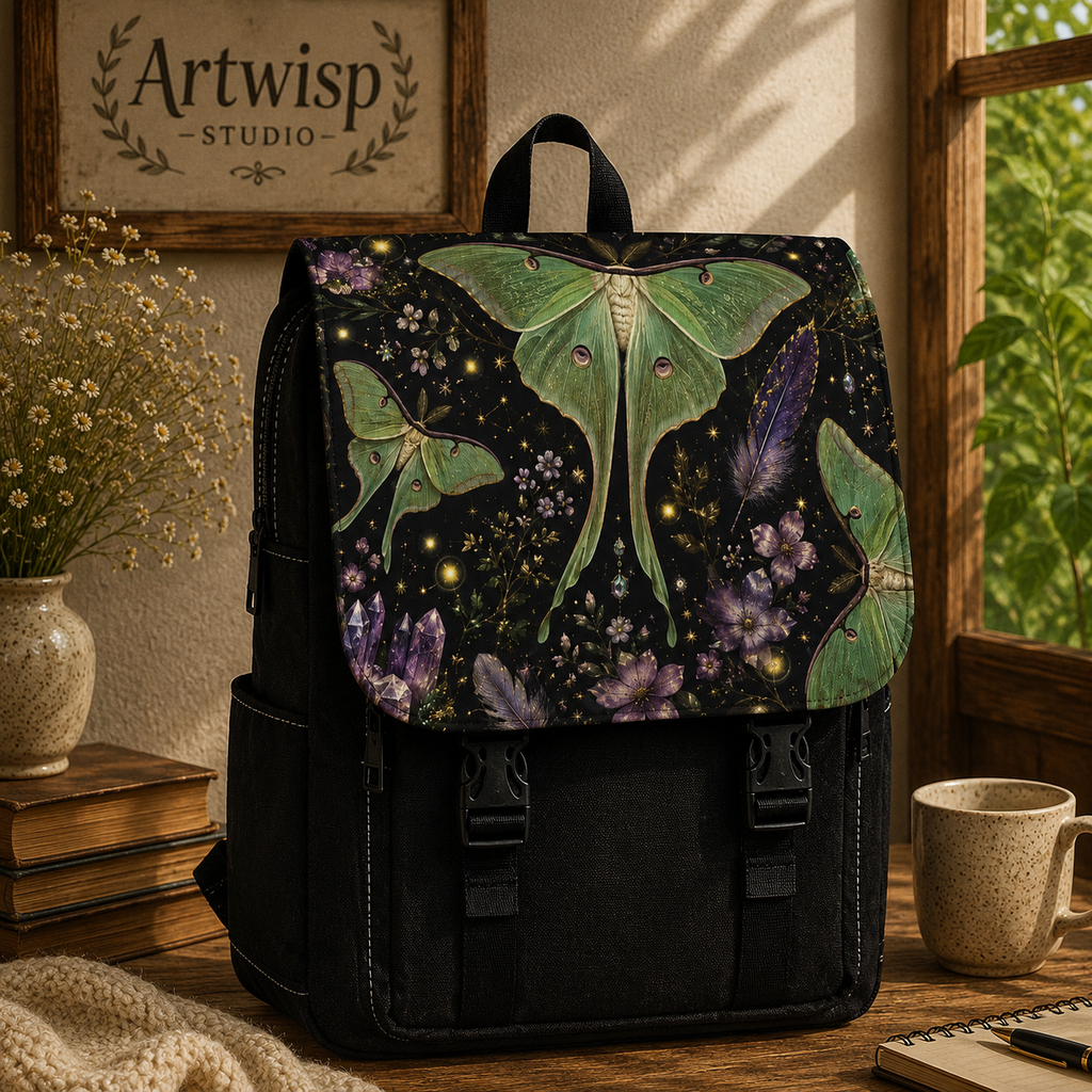 Luna Moth Cosmic Floral Canvas Shoulder Backpack — Night Garden Shoulder Bag