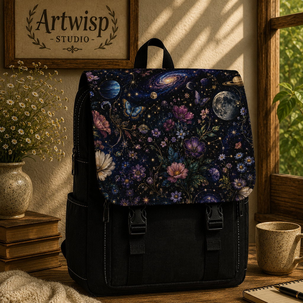 Galactic Floral Shoulder Backpack — Space & Flower Pattern Casual Shoulder Backpack