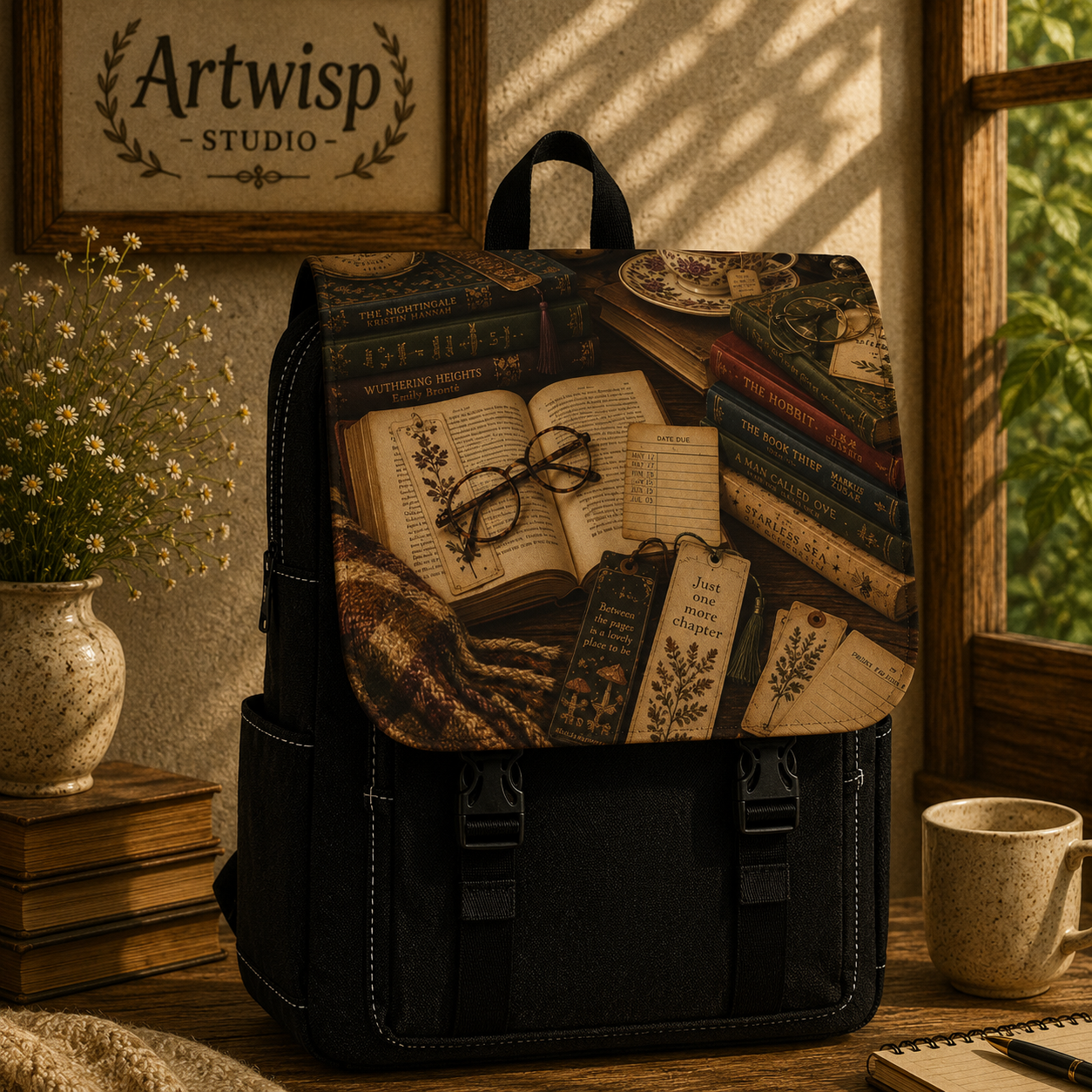 Vintage Booklover Shoulder Backpack — Literary Print Shoulder Backpack