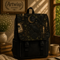 Celestial Gothic Canvas Shoulder Backpack — Moon, Candles & Raven Flap Pack