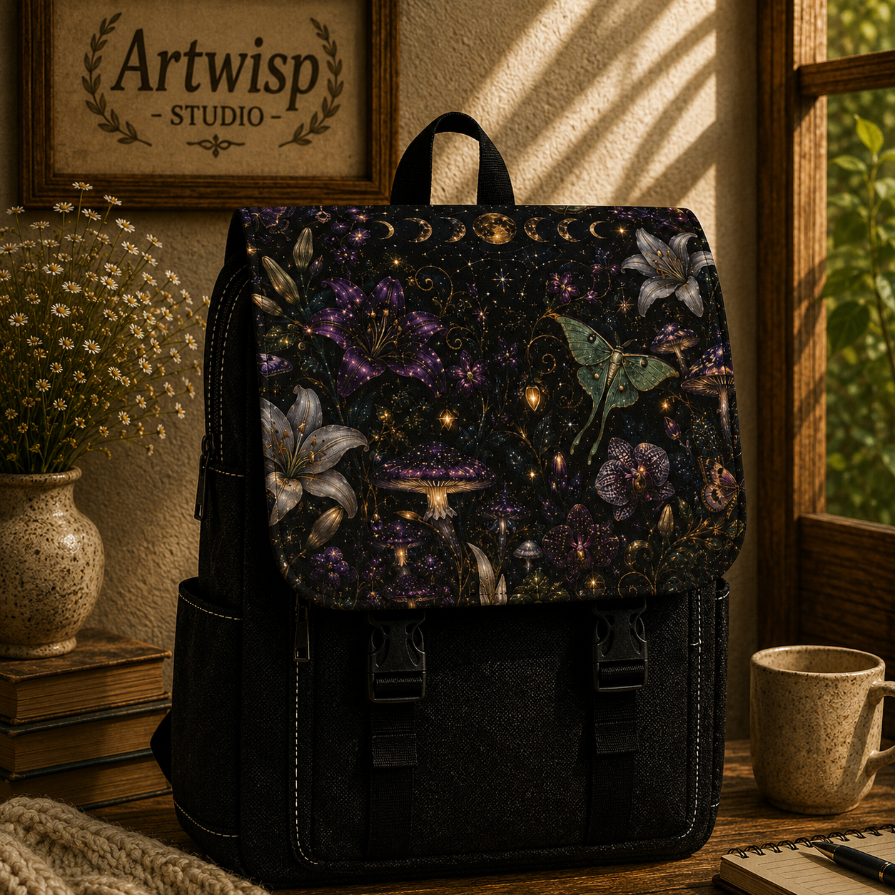 Mystic Night Moth Shoulder Backpack — Floral Moonlight Casual Shoulder Bag