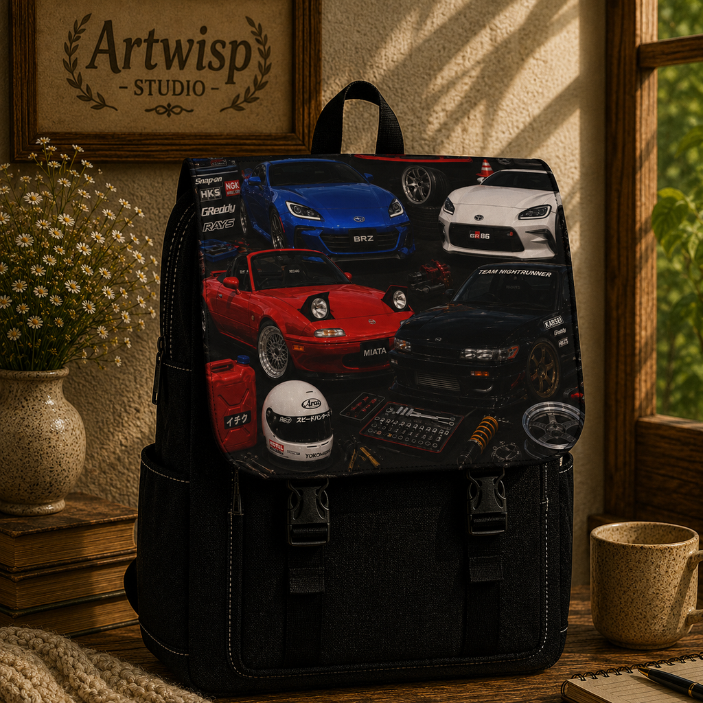Sports Car Collage Shoulder Backpack — Racing Cars Print Shoulder Bag