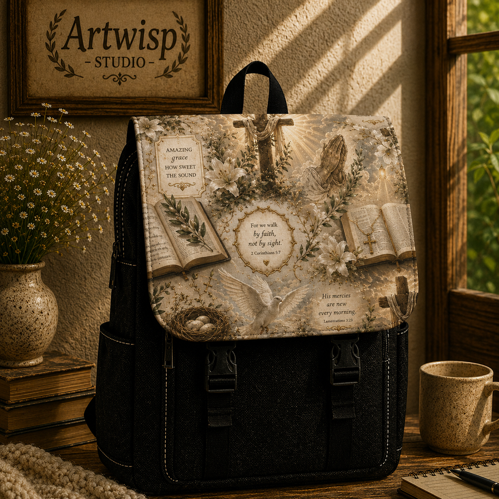 Vintage Faith Botanical Biblical Shoulder Backpack — Floral Scripture Print Shoulder Bag