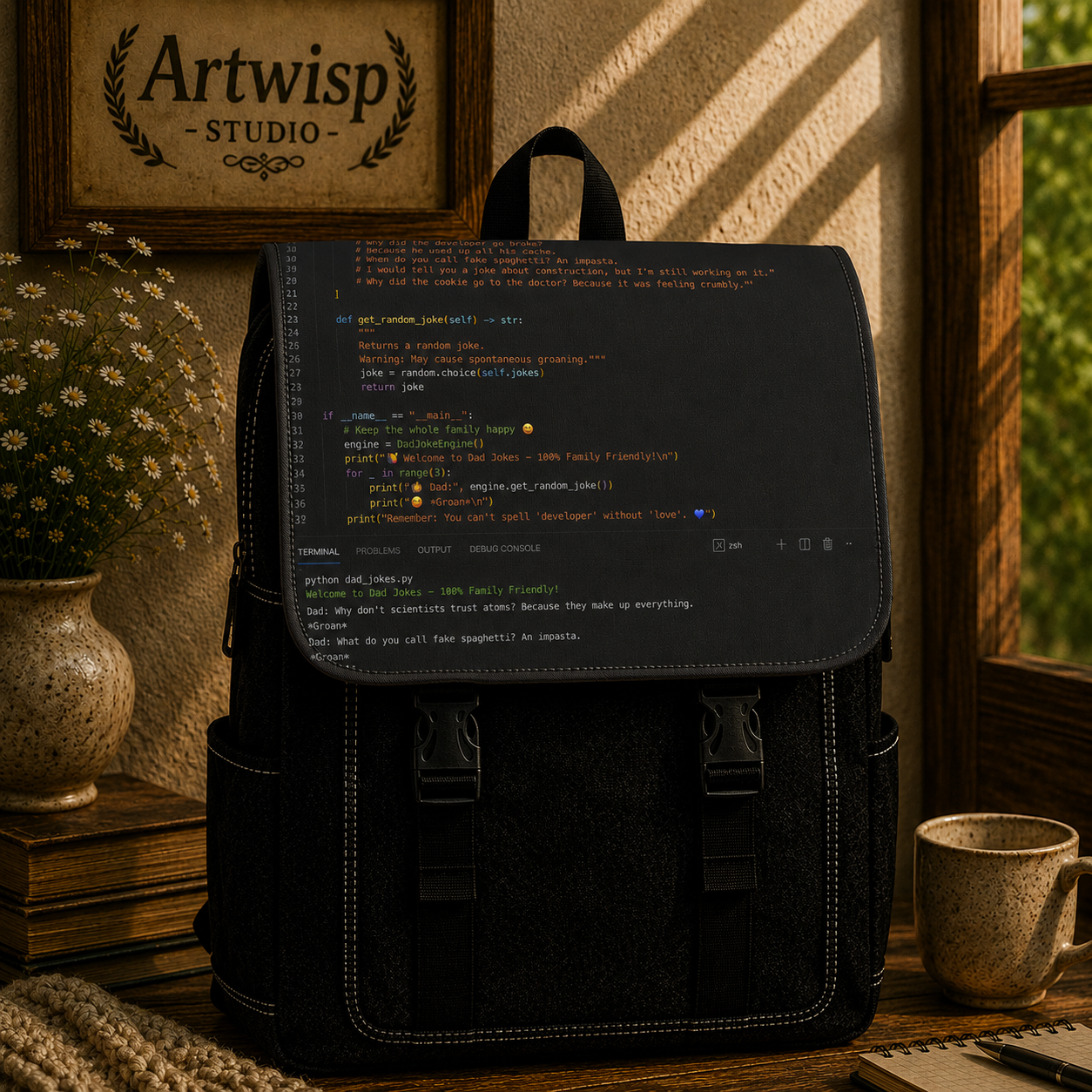 Coder Dad Shoulder Backpack — Black Programming Code Print