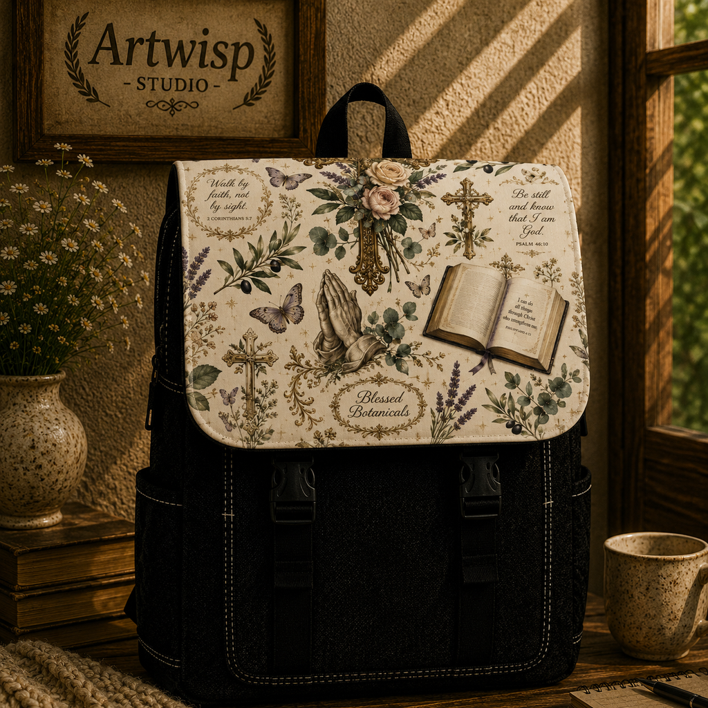 Vintage Prayer Garden Shoulder Backpack — 'Blessed Botanicals' Book & Praying Hands Design
