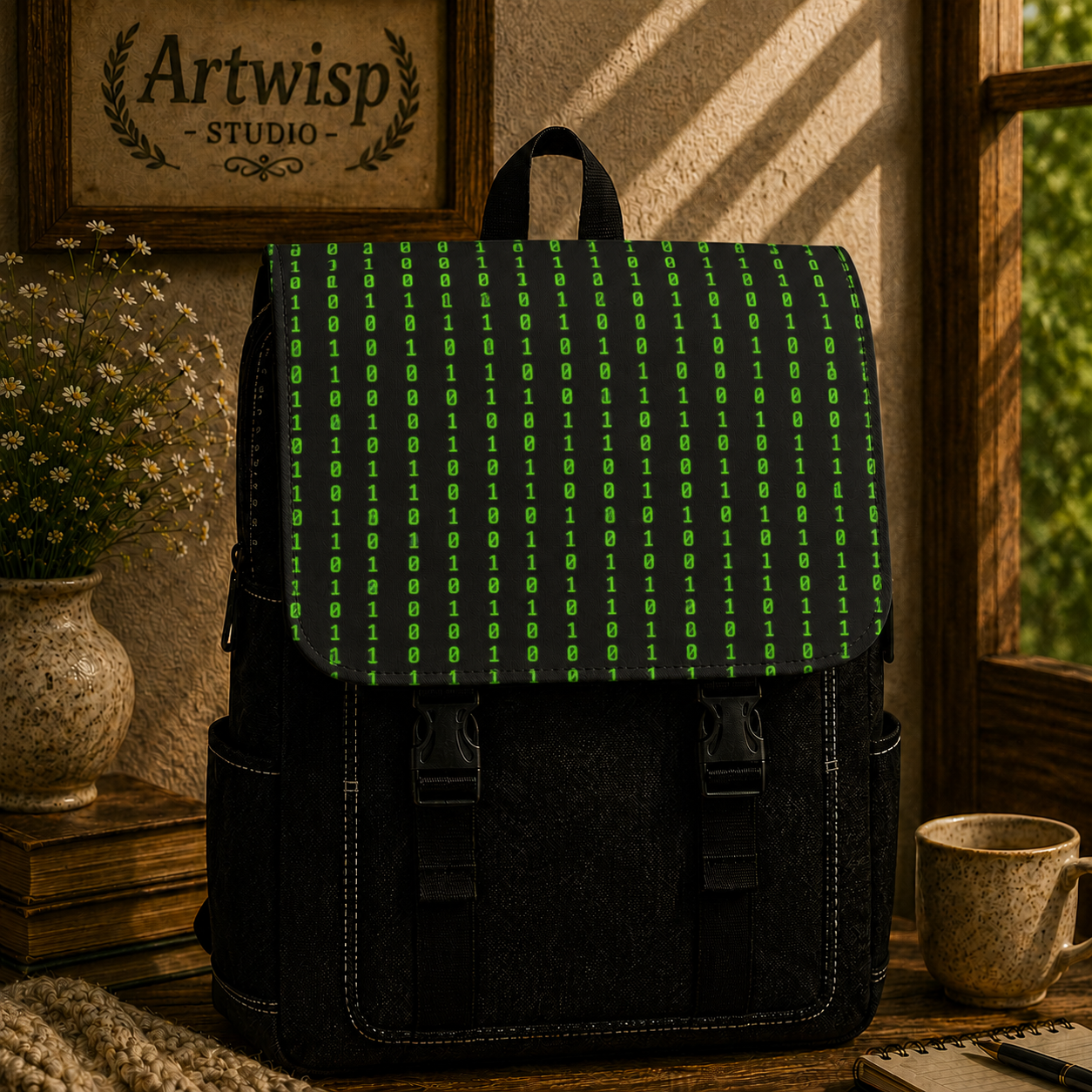 Matrix Code Shoulder Backpack — Cyber Green Pattern Casual Backpack