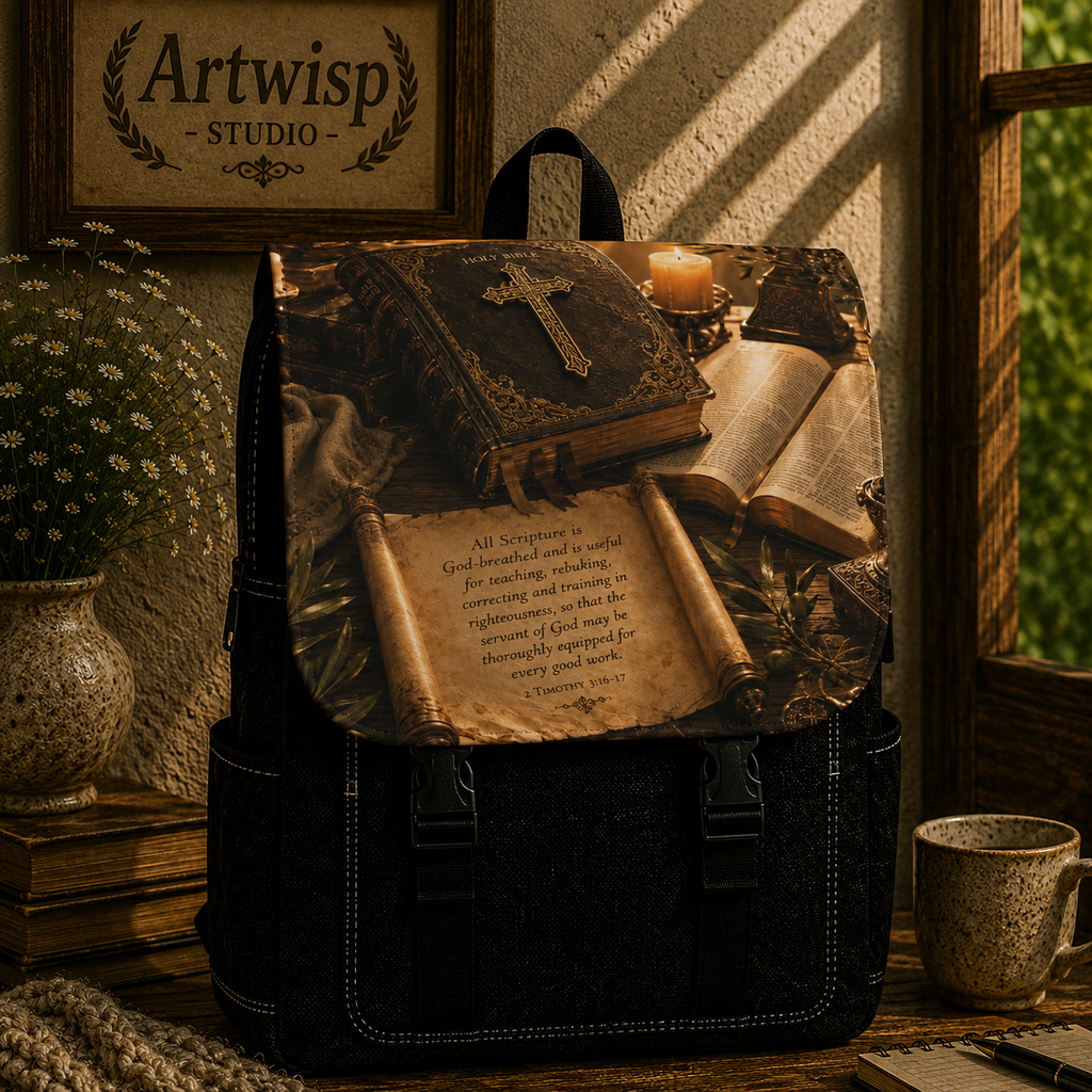 Vintage Bible Shoulder Backpack — Antique Biblical Library Print Shoulder Backpack