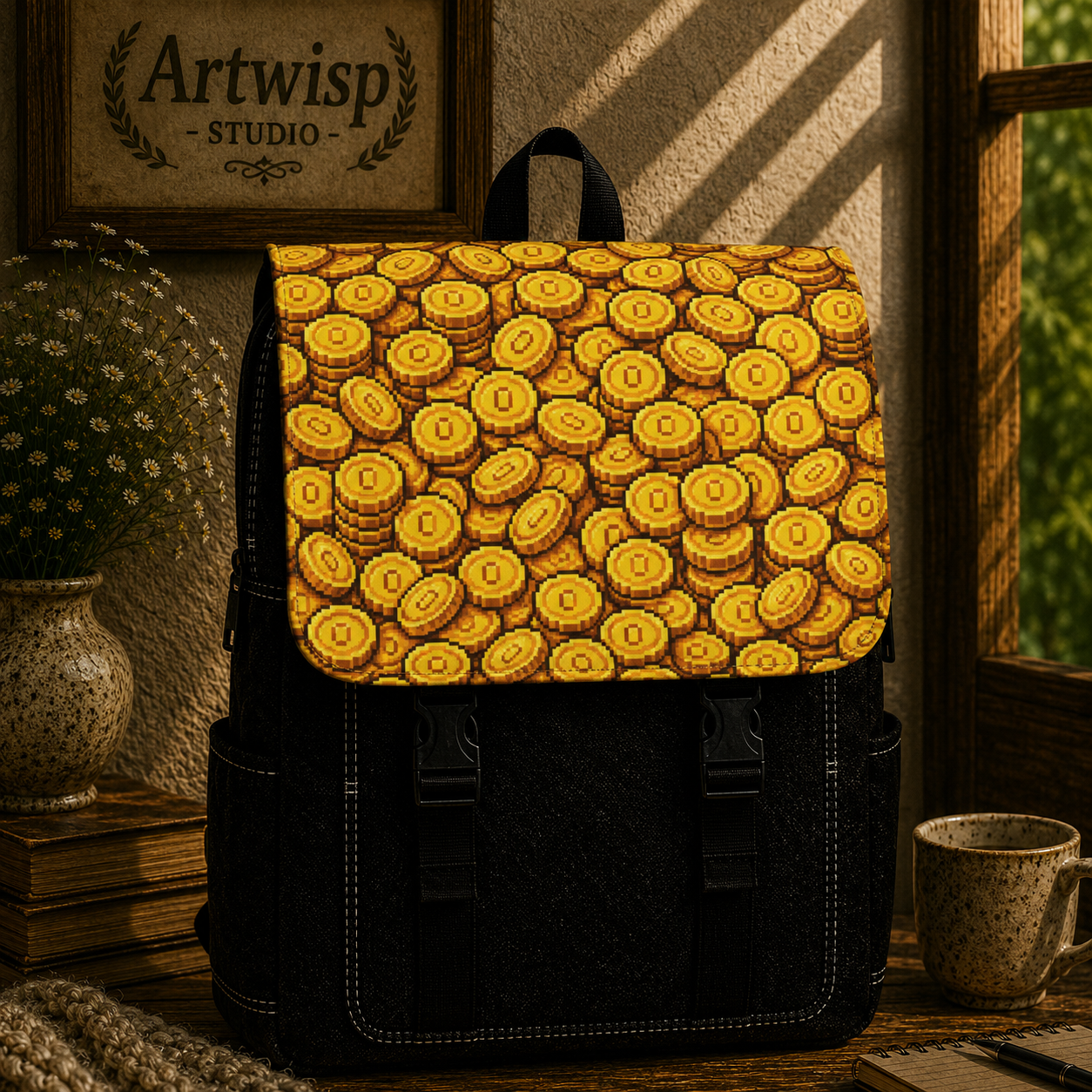 8bit Coin Pile Shoulder Backpack — Gold Treasure Gamer Casual Shoulder Backpack