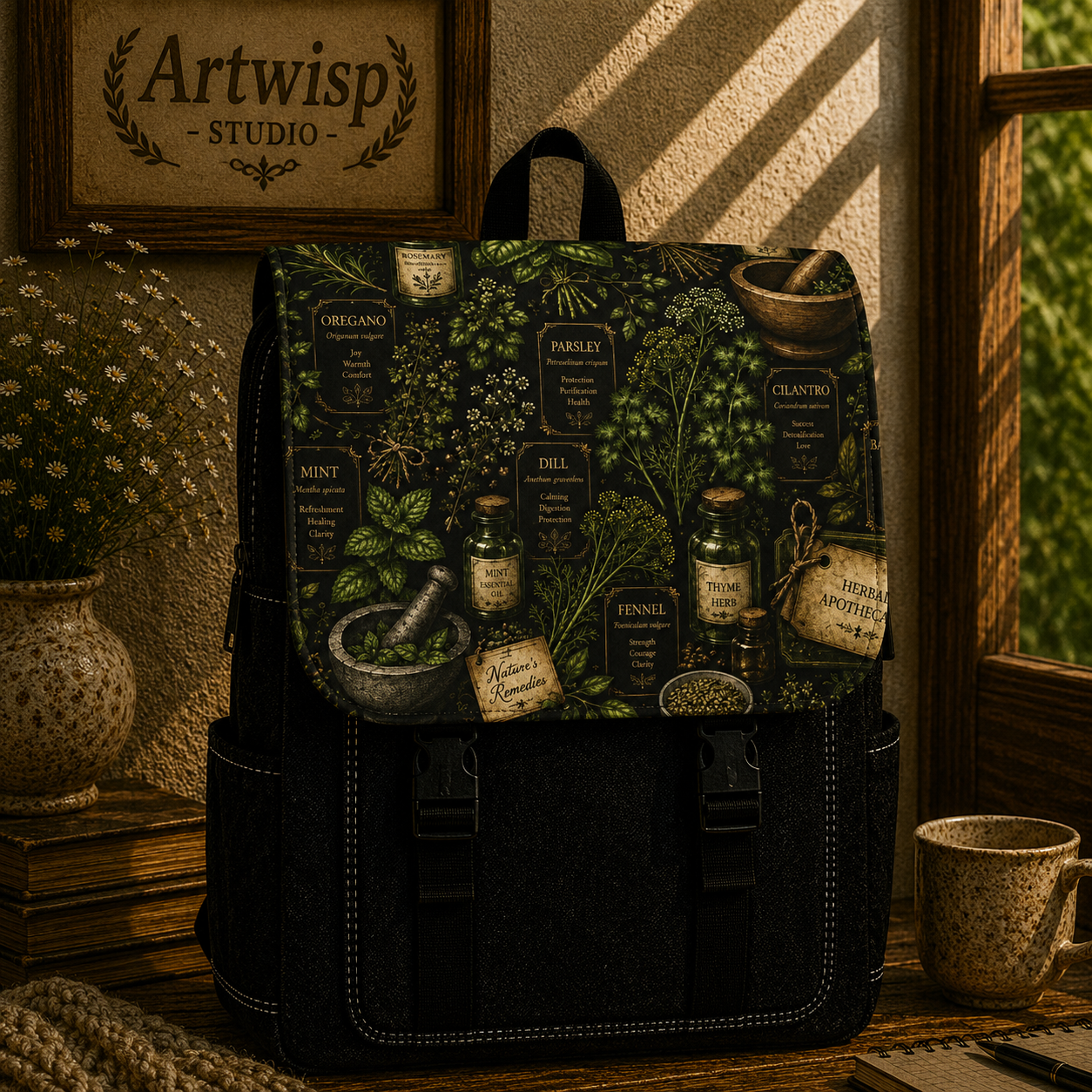 Herbal Apothecary Shoulder Backpack — Botanical Shoulder Backpack with Vintage Labels
