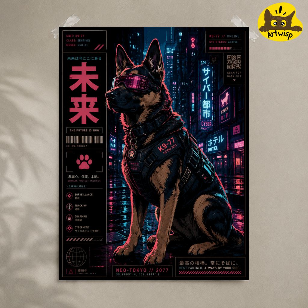Cyberpunk Dog Poster — Neon Futuristic Rolled Wall Art (Japanese Text)