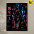 Cyberpunk Dog Poster — Neon Futuristic Rolled Wall Art (Japanese Text)