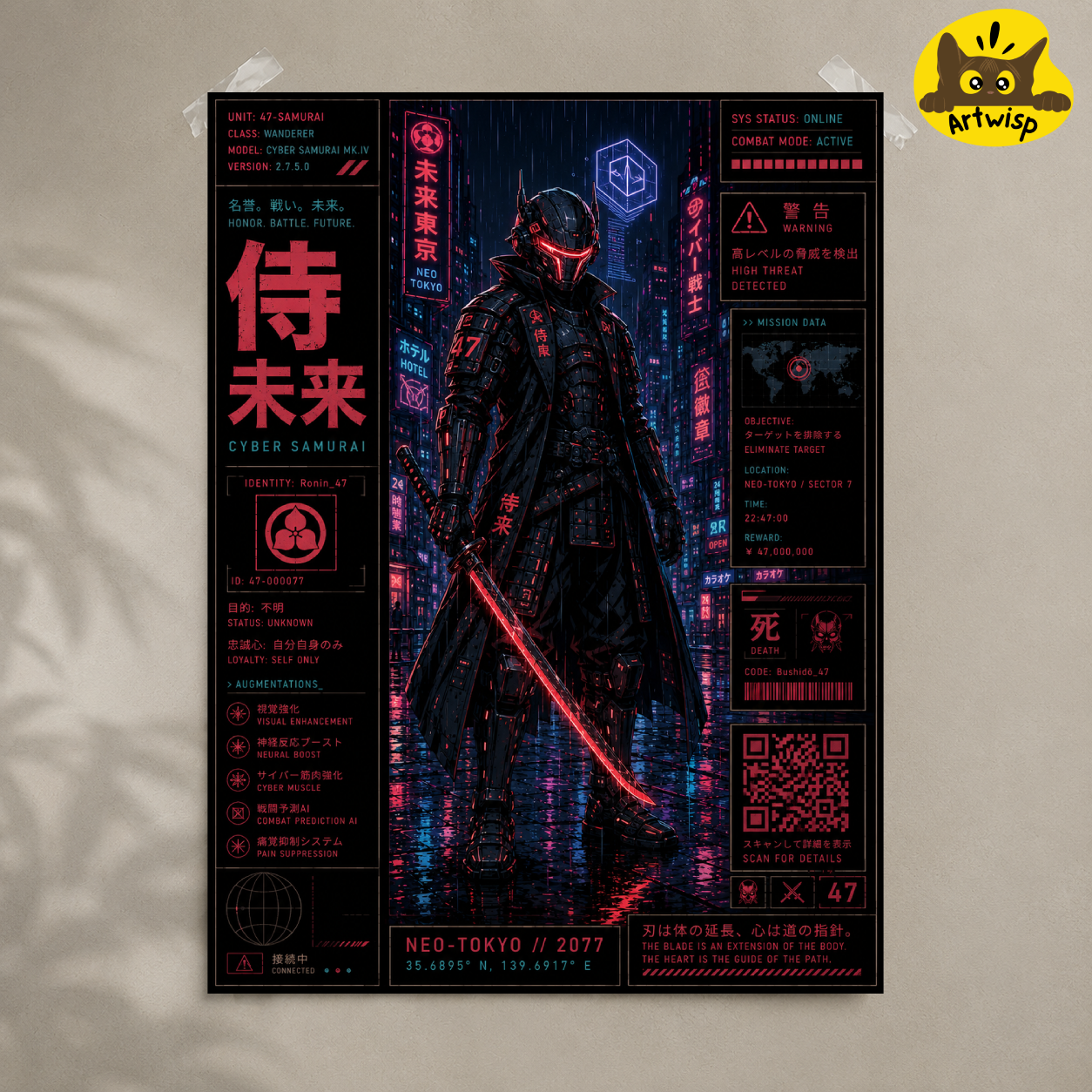 Cyber Samurai Poster — Neon Cyberpunk Rolled Art Print