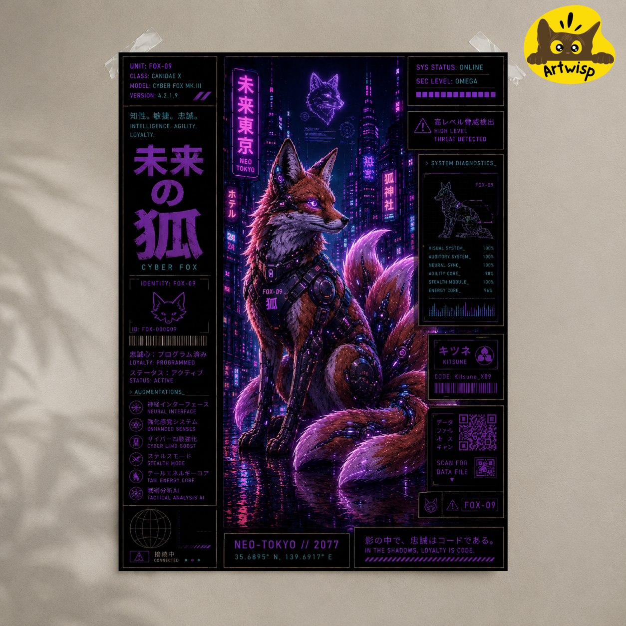 Cyberpunk Fox Poster — Neon Japanese Kitsune Art Print (Rolled Poster)