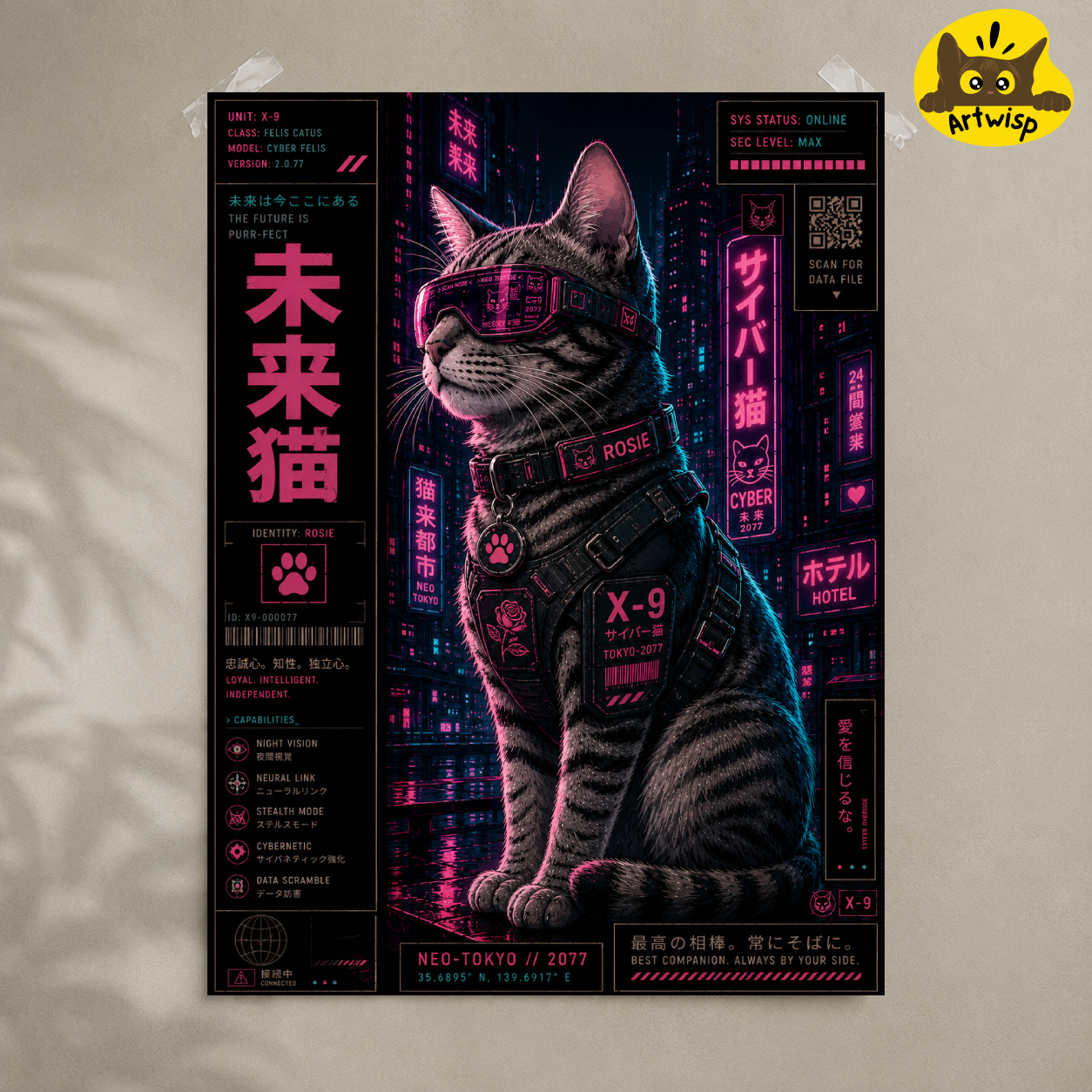 Cyberpunk Cat Poster — Neon Futuristic Kawaii Cat Wall Art (Rolled Poster)