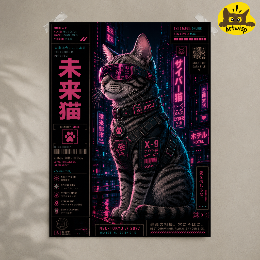 Cyberpunk Cat Poster — Neon Futuristic Kawaii Cat Wall Art (Rolled Poster)