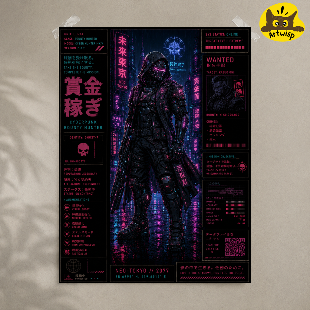 Neo-Tokyo Bounty Hunter Poster — Cyberpunk Rolled Art Print