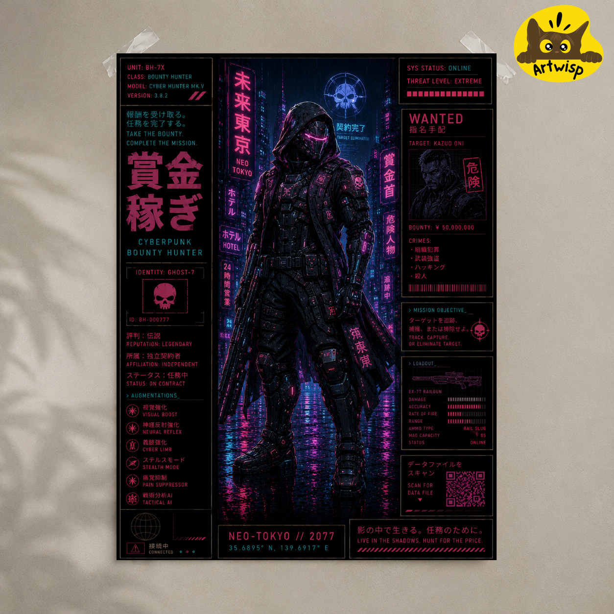 Neo-Tokyo Bounty Hunter Poster — Cyberpunk Rolled Art Print