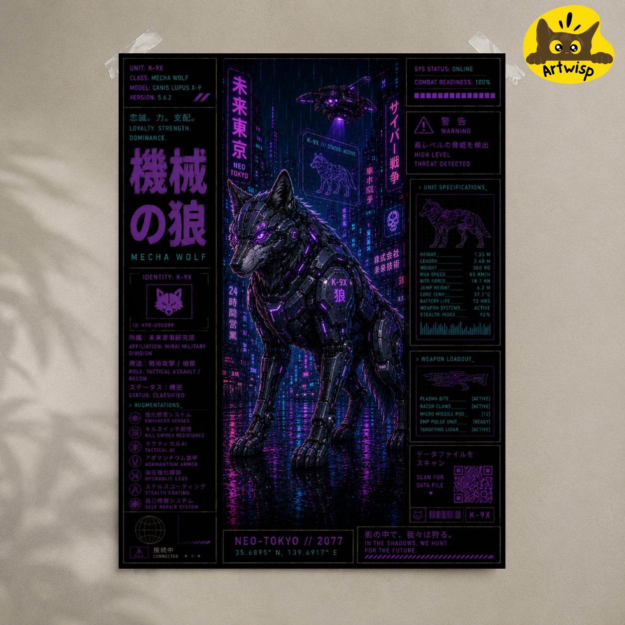 Cyberpunk Mecha Wolf Poster — Neon Tokyo Mecha Wolf Rolled Art Print
