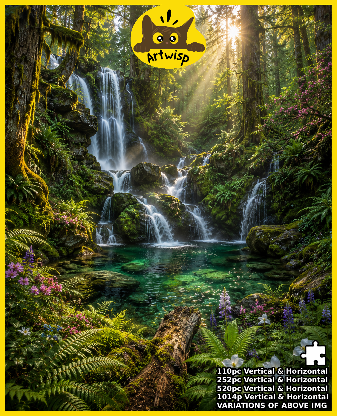 Enchanted Waterfall Forest Puzzle — Scenic Nature Jigsaw (110/252/520/1014 pcs)