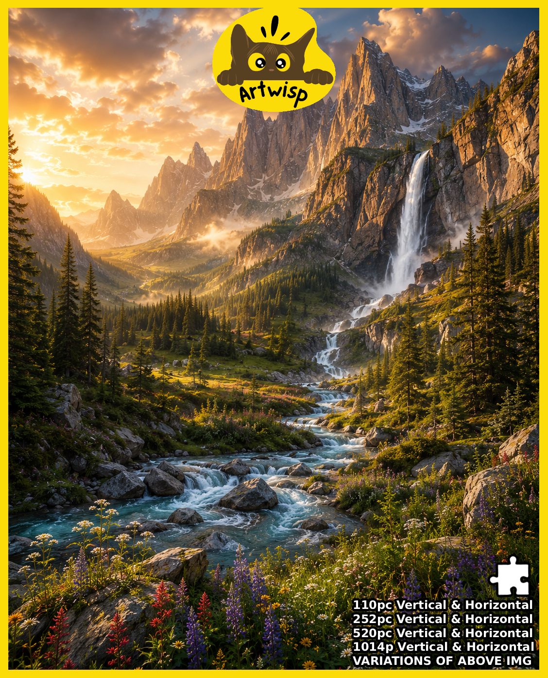 Mountain Valley Waterfall Jigsaw Puzzle — Scenic Nature Landscape Puzzle (110/252/520/1014 pcs)