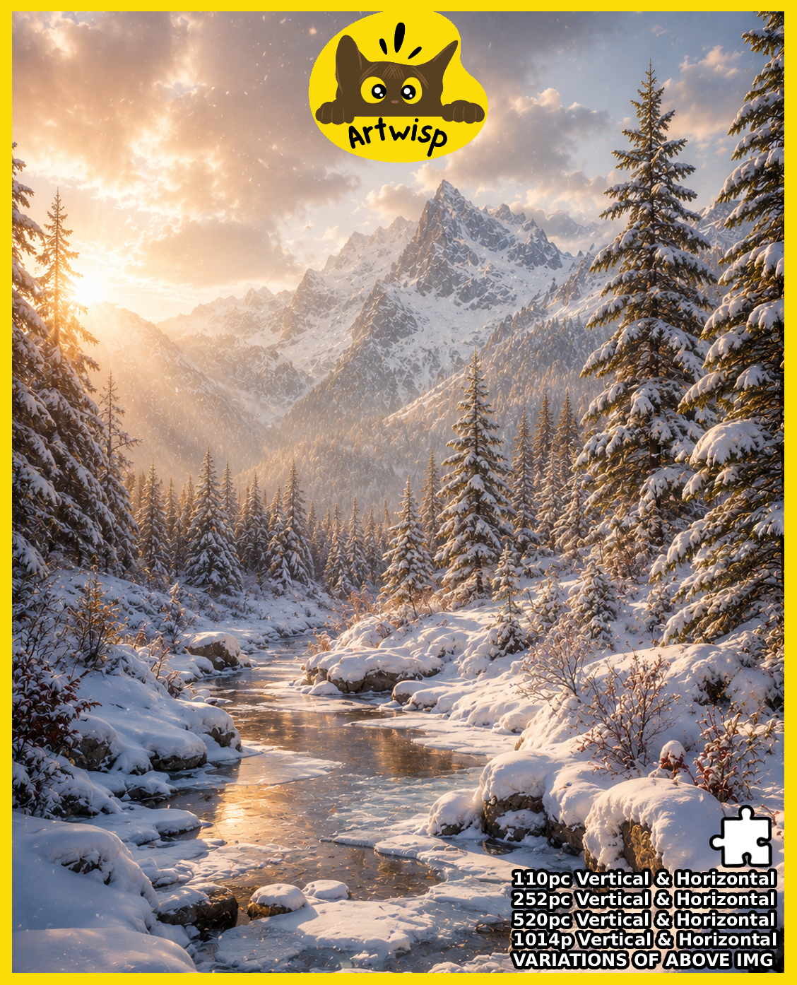 Winter Mountain River Puzzle — Scenic Snowy Landscape Jigsaw (110/252/520/1014 pcs)