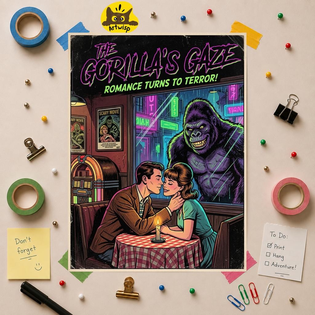 Rolled Poster — "The Gorilla's Gaze" Retro Horror Romance Movie Poster Neon Pop Art