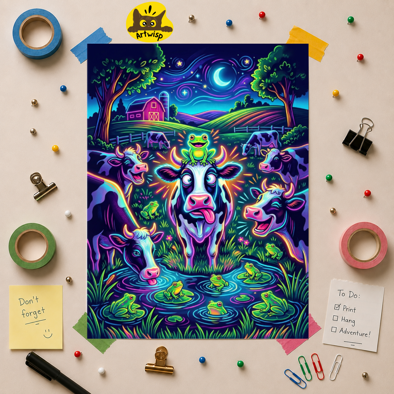 Neon Pop Art Farm Night Poster — Whimsical Cow & Frog Art Print