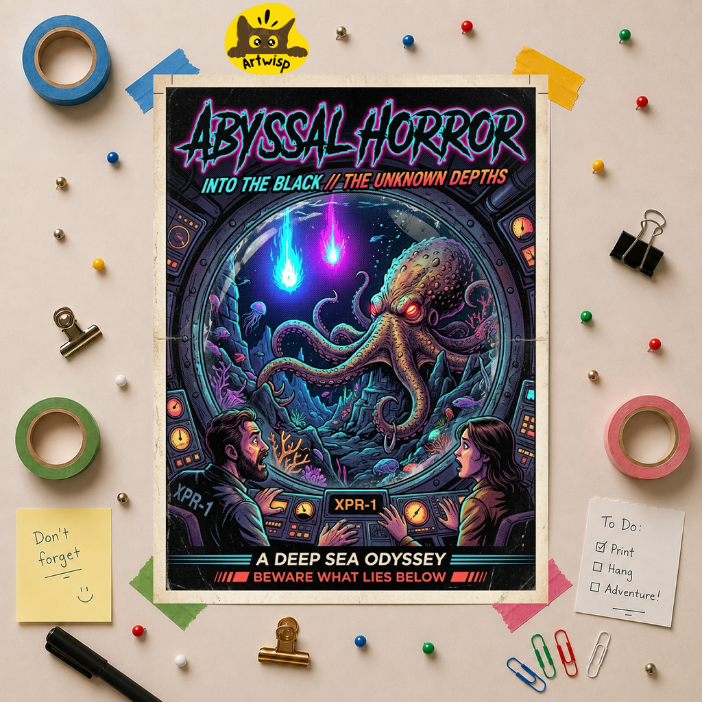 Abyssal Horror Neon Pop Art Rolled Poster — Deep Sea Octopus Movie-Style Art Print