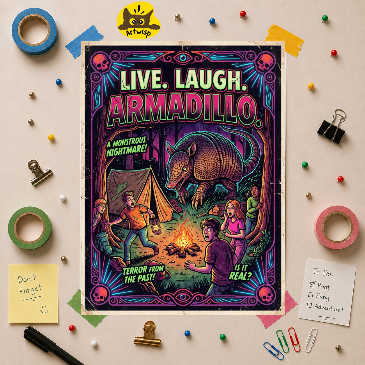 Live Laugh Armadillo Vintage Neon Pop Art Horror Poster — Rolled Wall Art