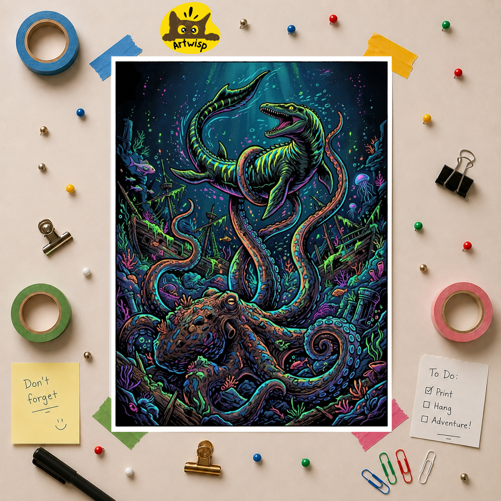 Underwater Showdown Neon Pop Art Poster — Mosasaur vs. Giant Kraken Rolled Art Print
