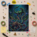 Underwater Showdown Neon Pop Art Poster — Mosasaur vs. Giant Kraken Rolled Art Print