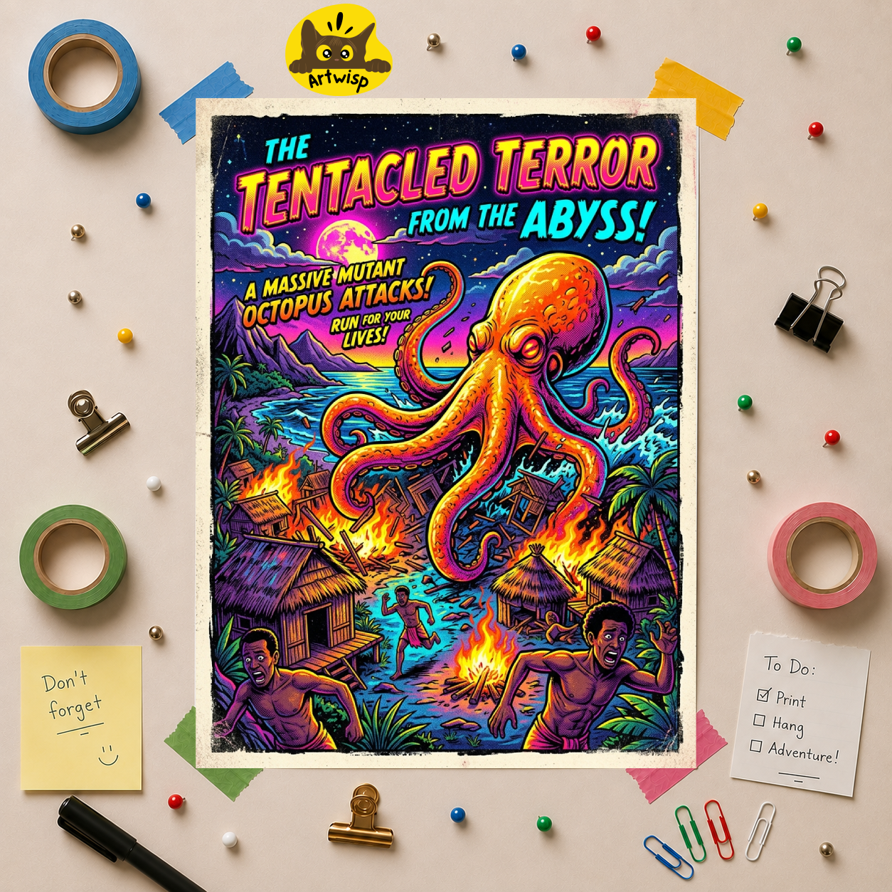 Tentacled Terror Neon Pop Art Poster — Retro Monster Movie Art Print